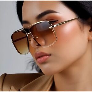 Sunglasses‎ Gold Metal Frame Brown Gradient Lens Women Fashion UV400 Protection